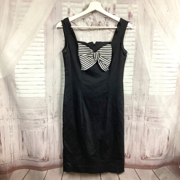 Anthony Norman Dresses & Skirts - Vintage Anthony Norman Black Sheath Dress w/ Front Cutout Striped Bow 6